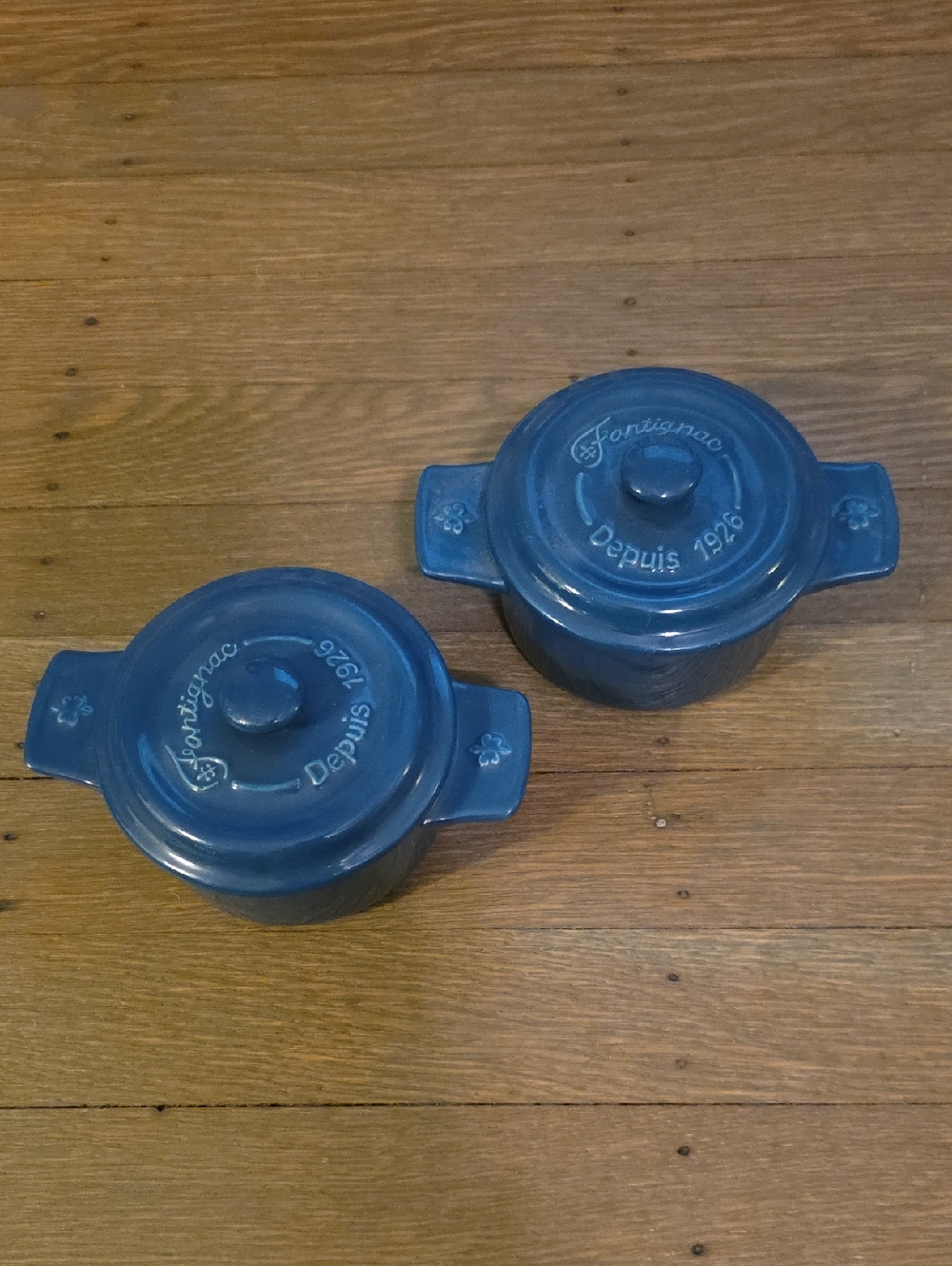 Fontignac Depuis  Mini Cocottes Blue Ceramic Set of 2 w/ Lids Individual Serving